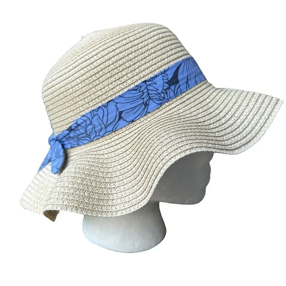 Straw Hat Wide Brim Sun Hat Beach Blue Ribbon‎ Hatband for Toddler Girls